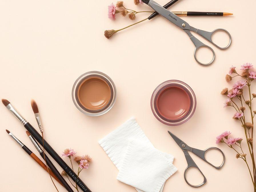 Brow lamination tools and brushes on a cream surface