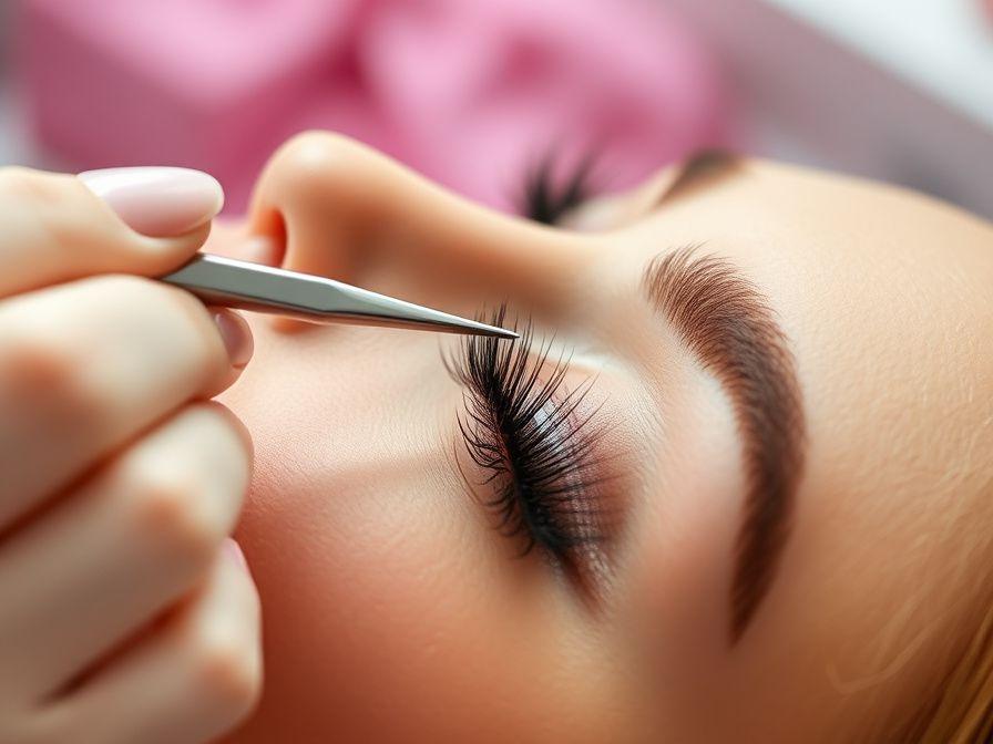 Volume eyelash extensions being applied with tweezers