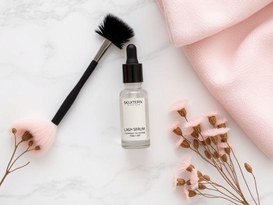 Lash cleansing brush, serum and towel arranged on marble